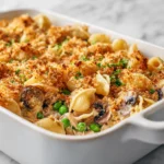 Healthy Tuna Noodle Casserole freshly baked with golden topping