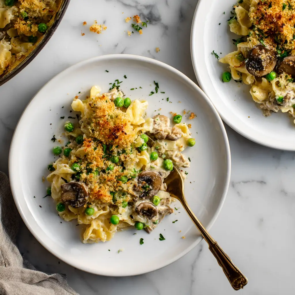 Healthy Tuna Noodle Casserole serving on a plate