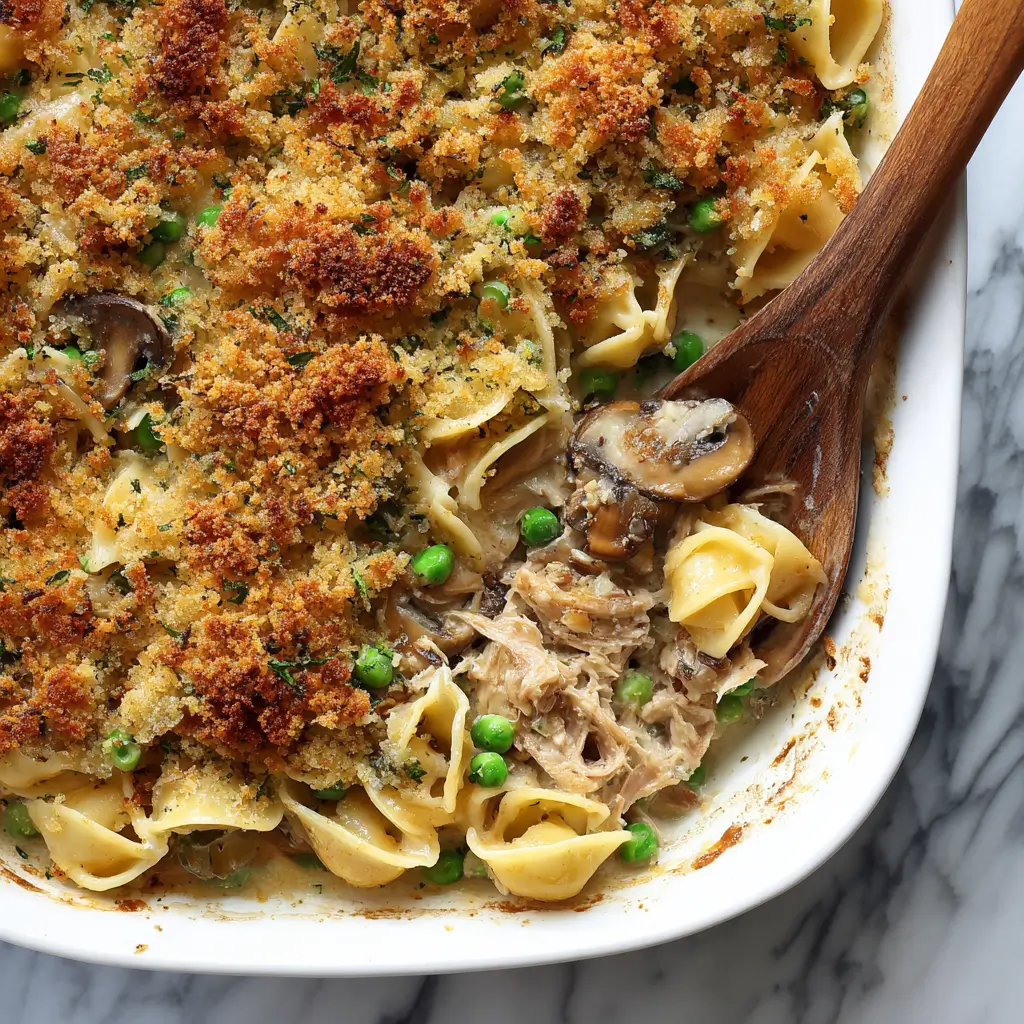 Healthy Tuna Noodle Casserole serving on a white plate