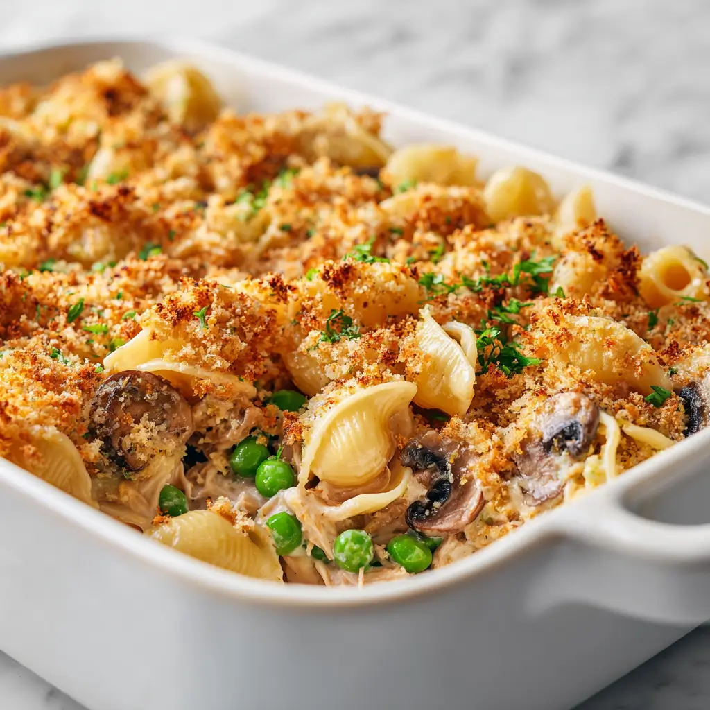 Healthy Tuna Noodle Casserole freshly baked with golden topping
