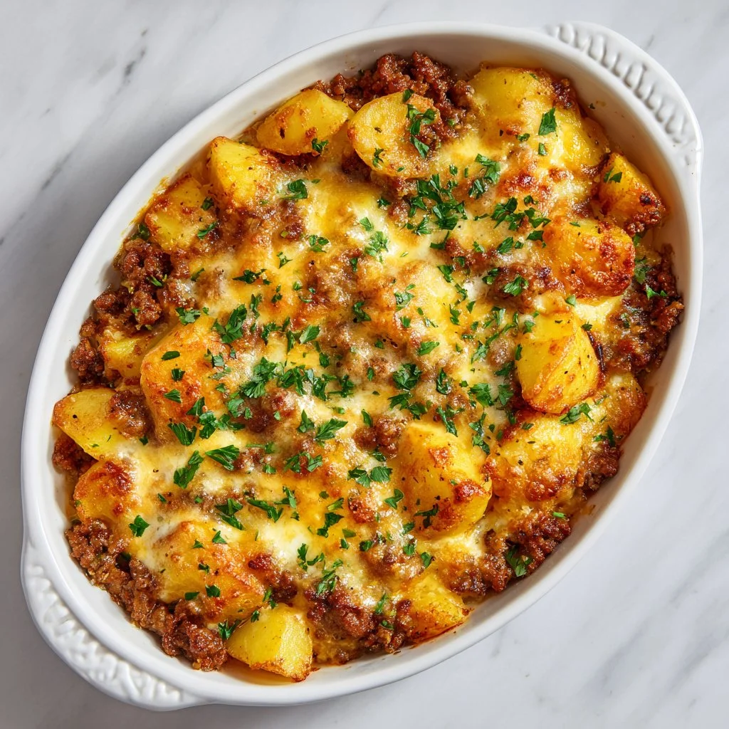 Baked Hobo Casserole with ground beef and vegetables in a serving dish.