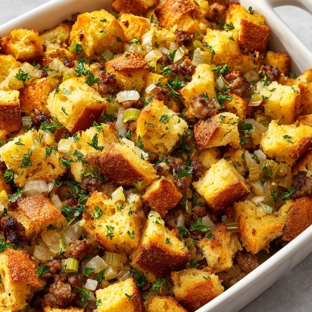Bowl of delicious homemade stuffing ready for Thanksgiving dinner.