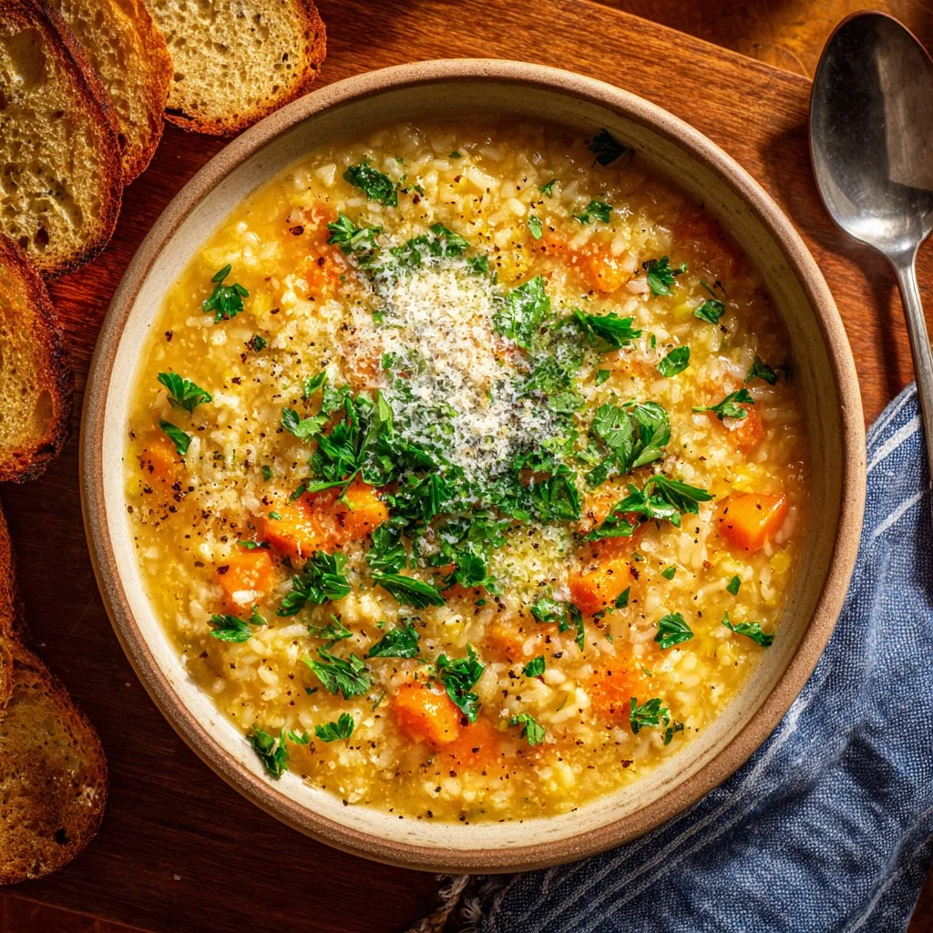 Bowl of Italian Penicillin Soup with fresh herbs and vegetables