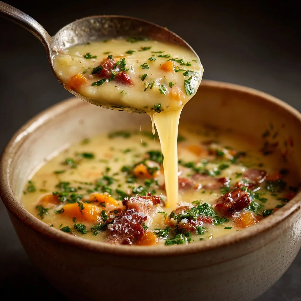 Bowl of delicious Legendary Sausage Potato Soup with potatoes and sausage slices
