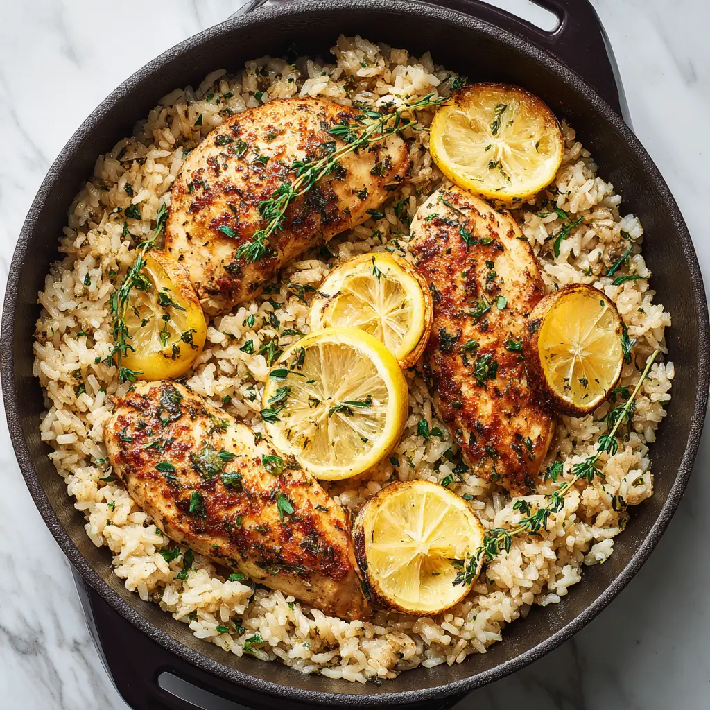 Lemon Herb Chicken and Rice in a white ceramic bowl with lemon wedges and herbs — easy one-pan family dinner recipe.