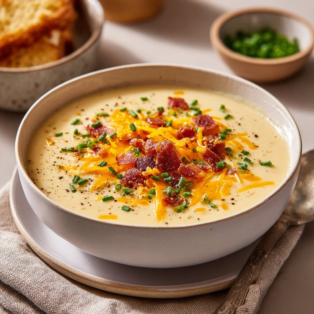 Bowl of loaded baked potato soup topped with cheese, bacon, and green onions