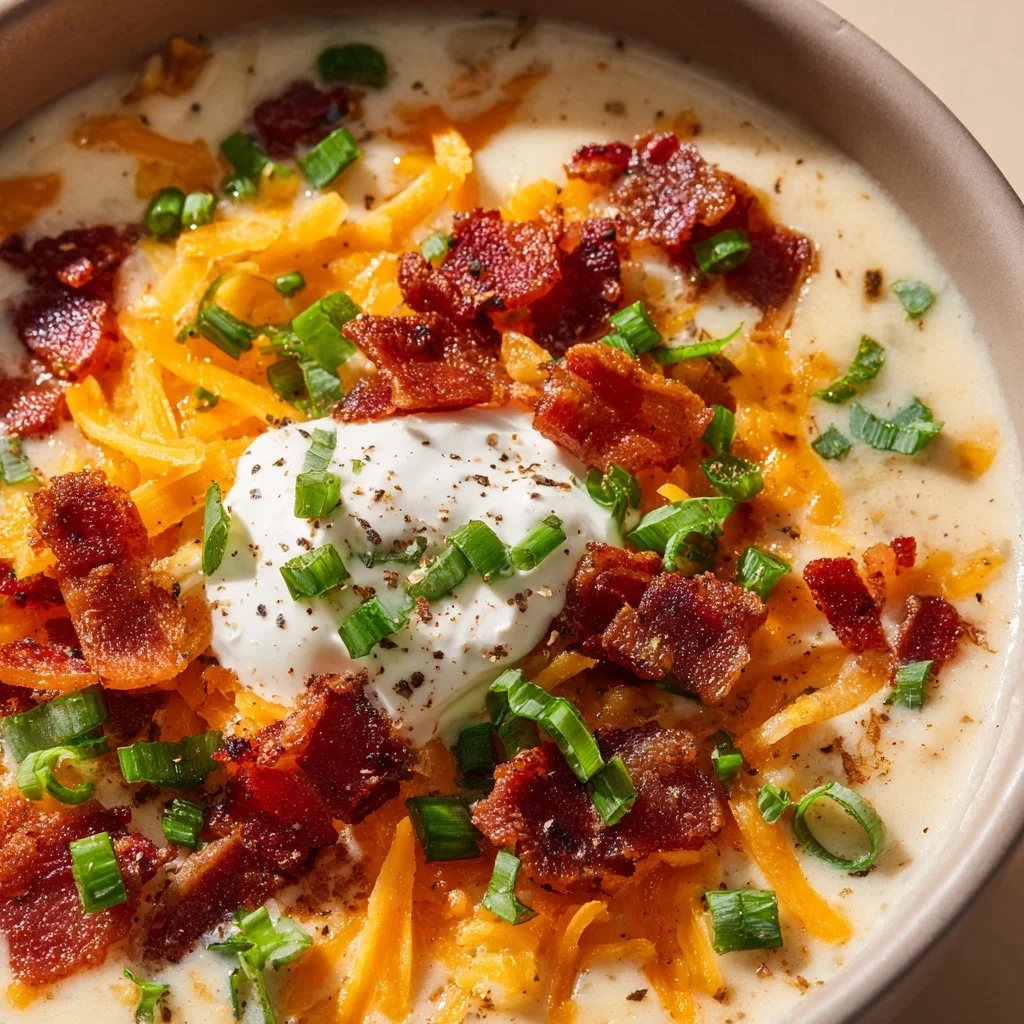 Bowl of loaded potato soup topped with cheese, bacon, and chives