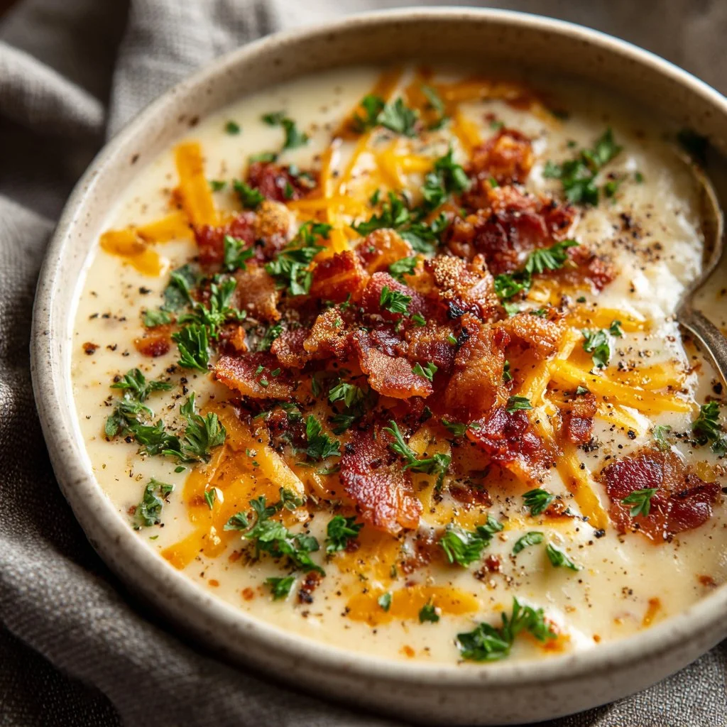 Delicious bowl of loaded potato soup topped with cheese and bacon