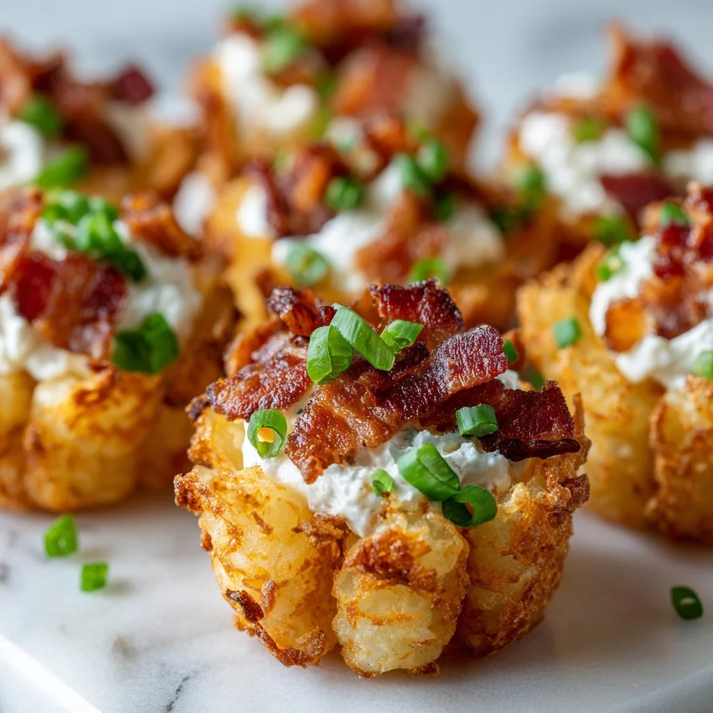 Plate of loaded tater tots appetizers topped with cheese and toppings