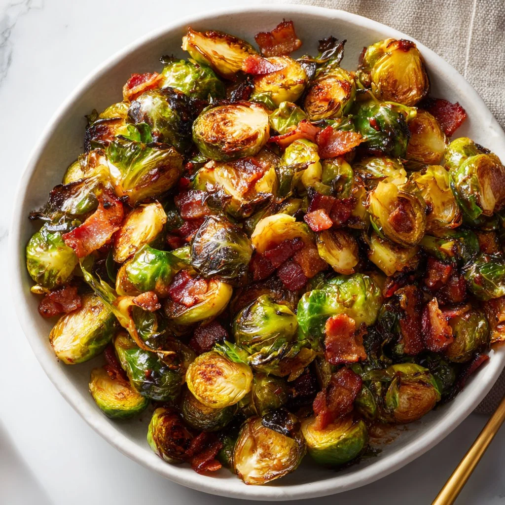 Maple Bourbon Glazed Bacon Brussels Sprouts served as a flavorful side dish