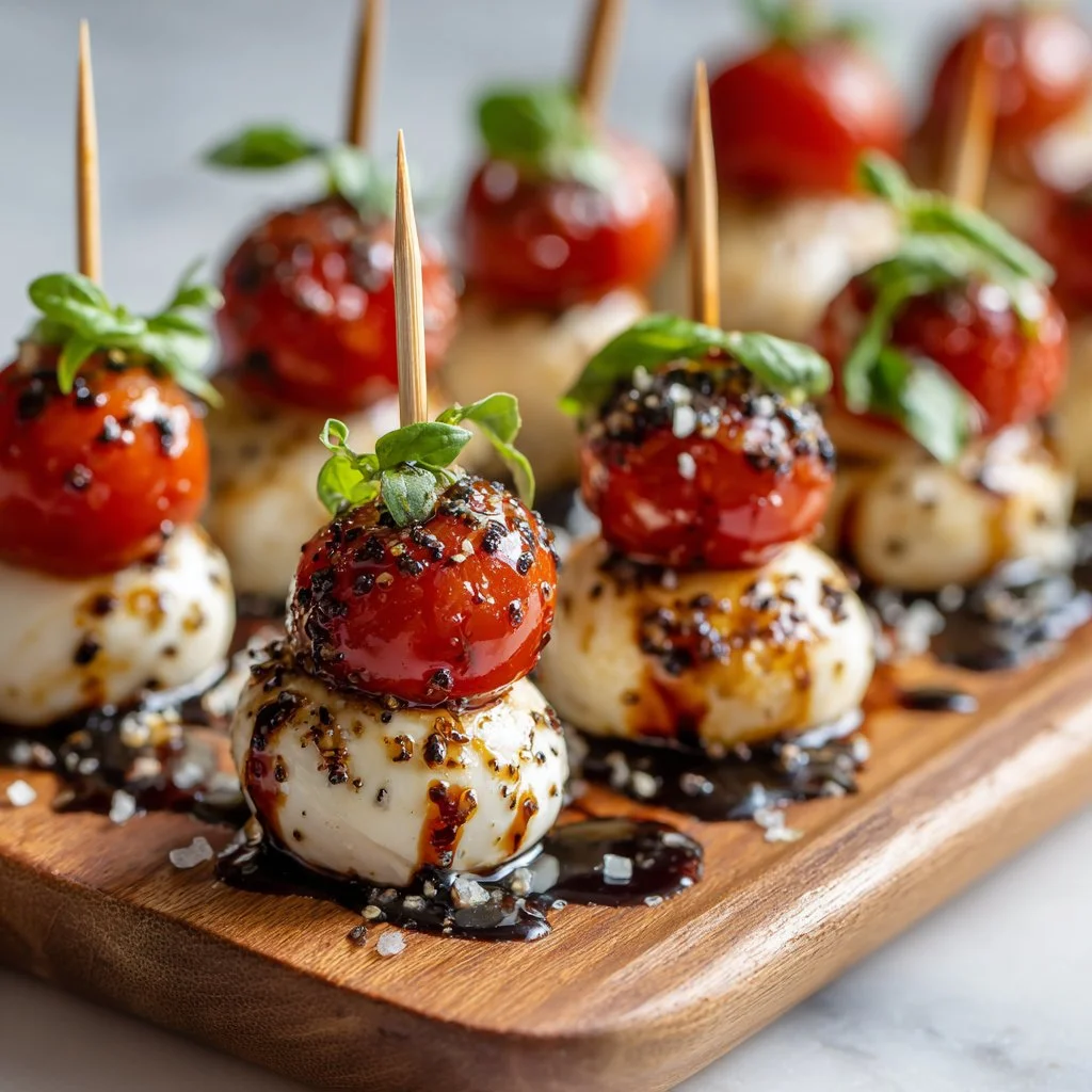 Colorful mini Caprese bites with cherry tomatoes, mozzarella, and basil on skewers