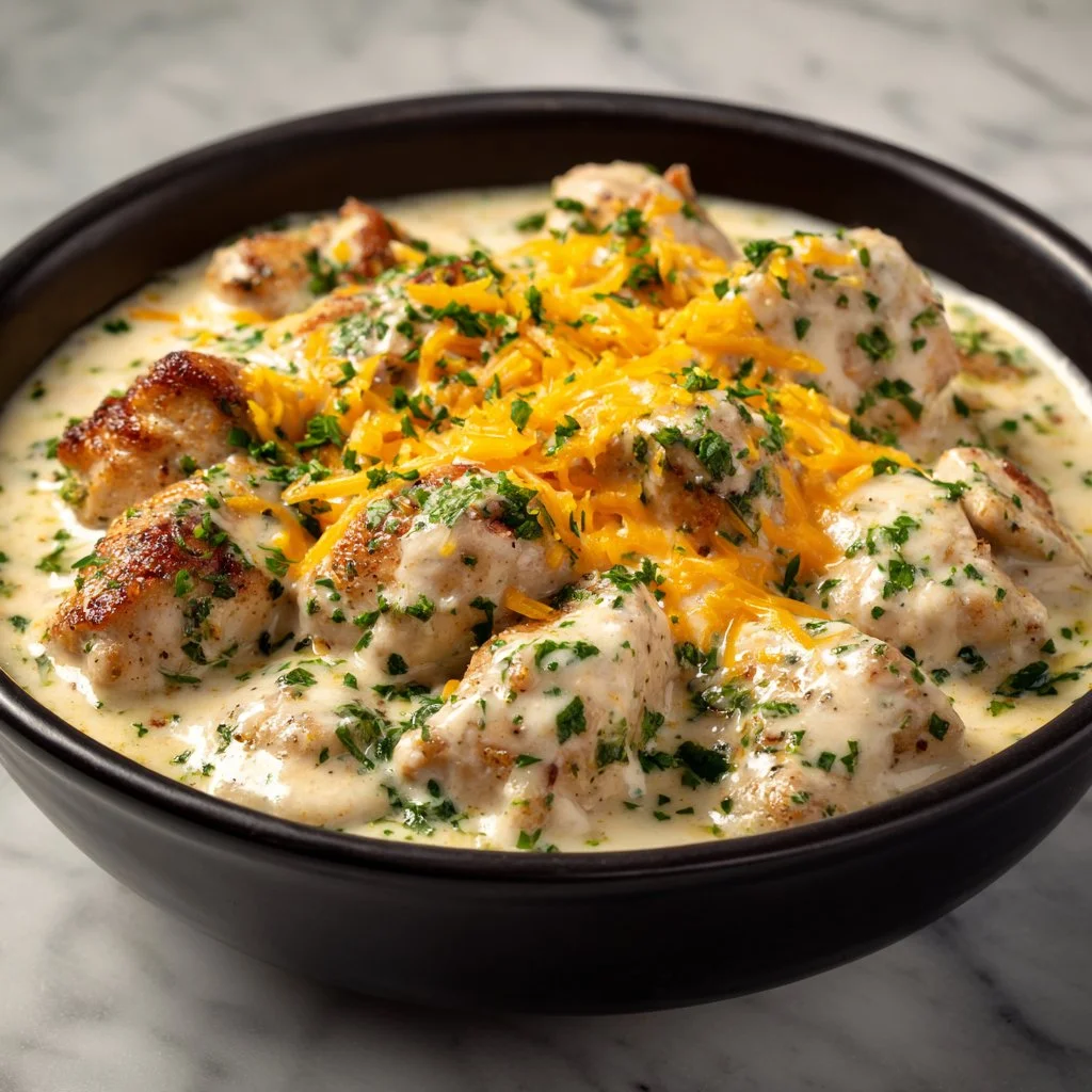 Delicious creamy ranch chicken prepared in a CrockPot for a flavorful meal.