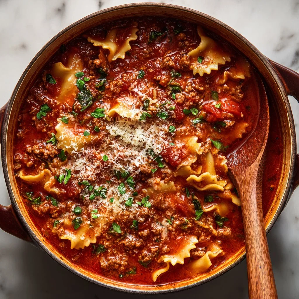 Delicious one pot lasagna soup topped with cheese and herbs