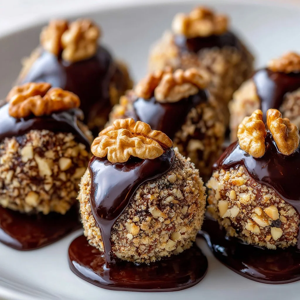 Delicious no bake pecan pie balls topped with crushed pecans and caramel drizzle