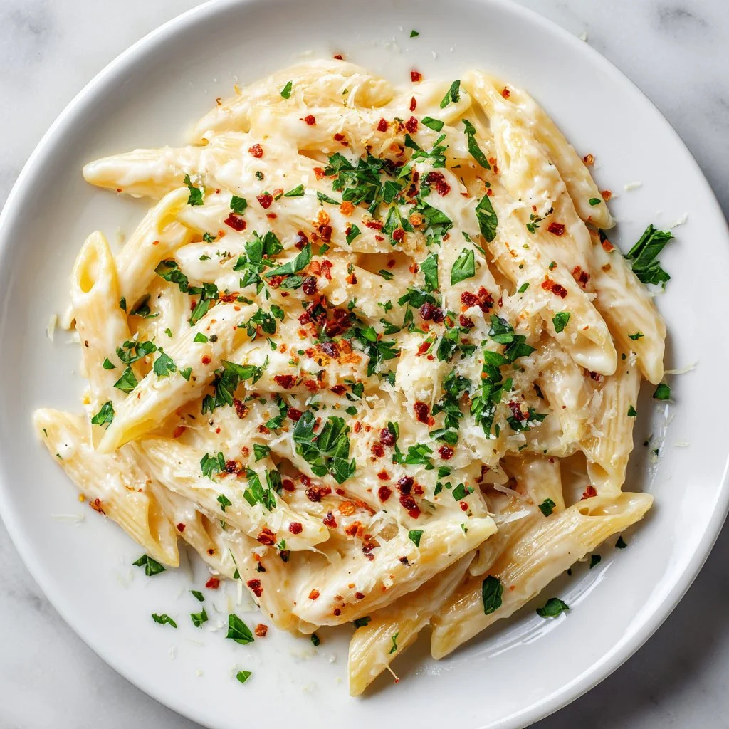 Delicious one pot creamy garlic pasta ready to serve for dinner.