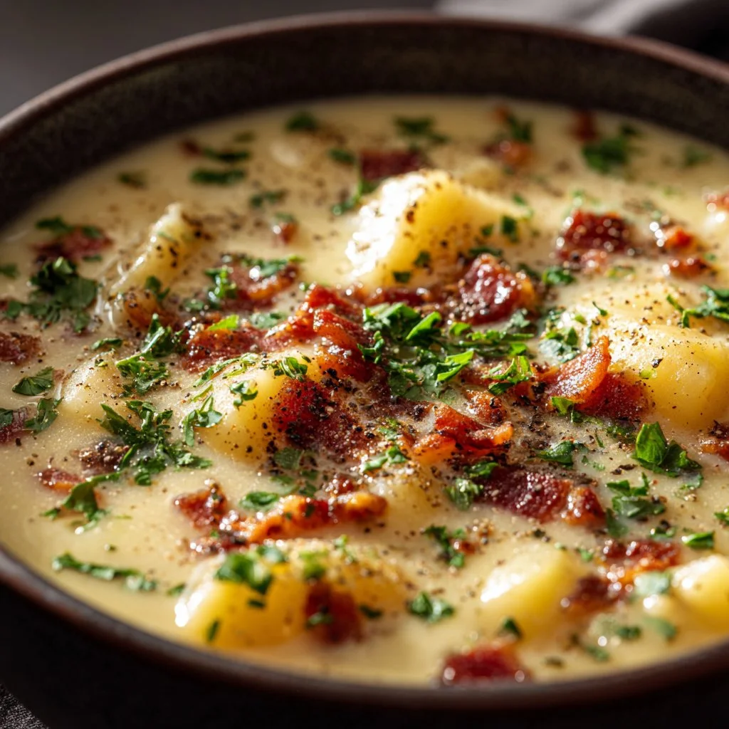 Creamy Outback Potato Soup served in a bowl, garnished with green onions.