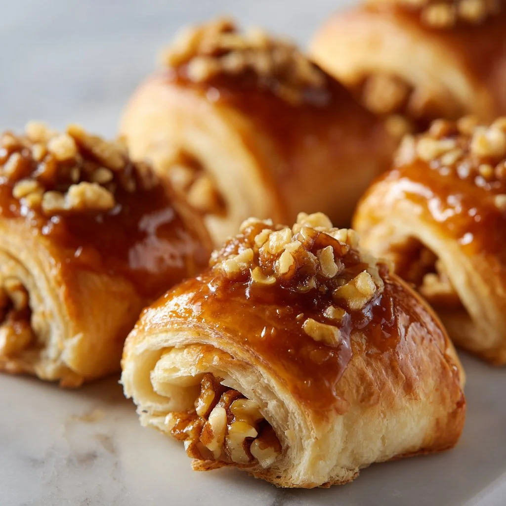 Freshly baked pecan pie crescent rolls on a wooden table