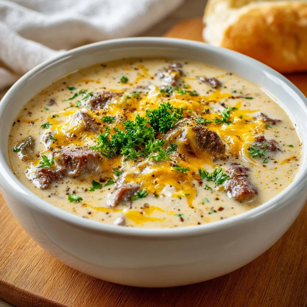 Bowl of delicious Philly cheese steak soup topped with melted cheese and herbs