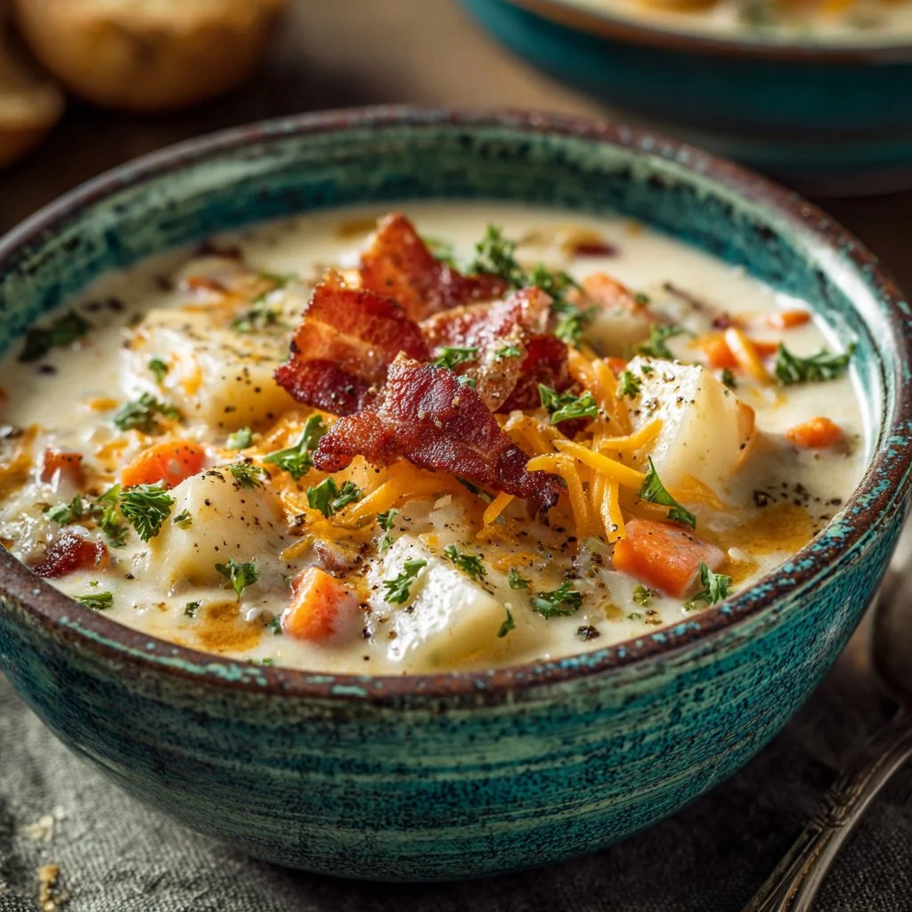 Bowl of creamy Pioneer Woman potato soup with toppings.