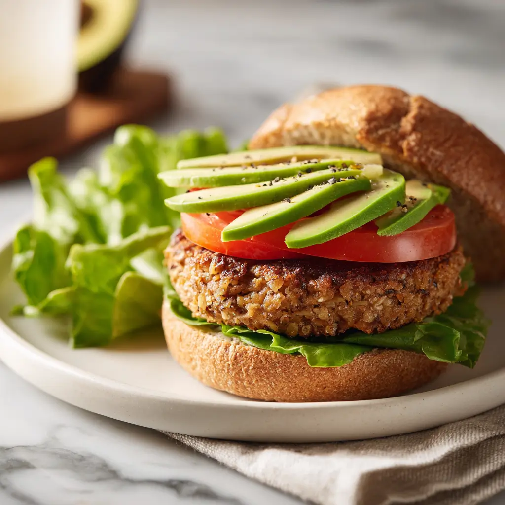 Plated Vegan Burger with Avocado and Sweet Potato Fries