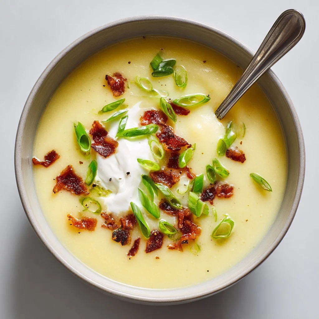 Bowl of warm and creamy Potato Leek Soup garnished with herbs.