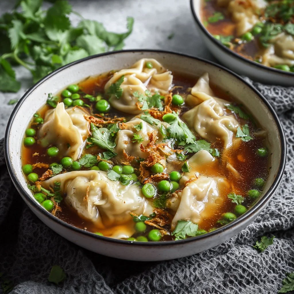 A bowl of homemade Potsticker Soup with dumplings and vegetables.
