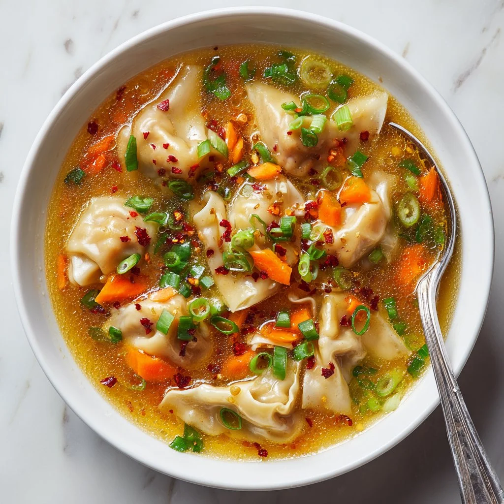 Bowl of delicious Potsticker Soup filled with dumplings and vegetables