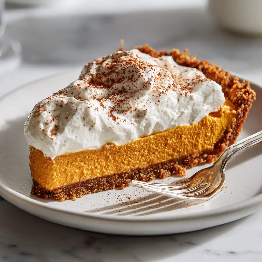 Delicious Pumpkin Mousse Pie topped with whipped cream and autumn spices