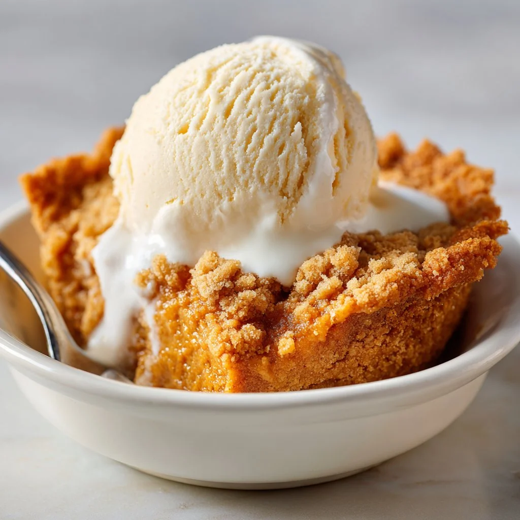 Delicious pumpkin pie crisp dessert served in a decorative dish