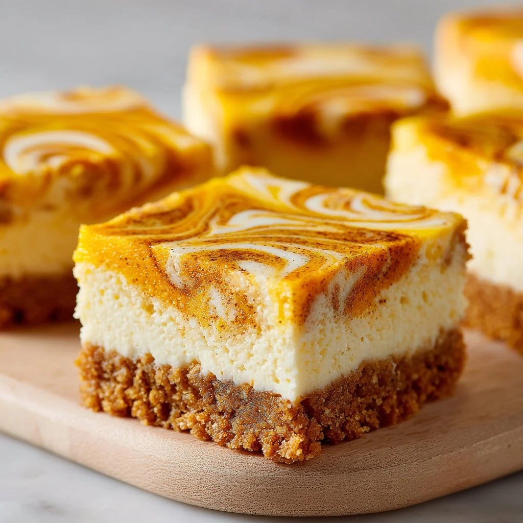 Delicious Pumpkin Spice Cheesecake Bars topped with whipped cream and spices.