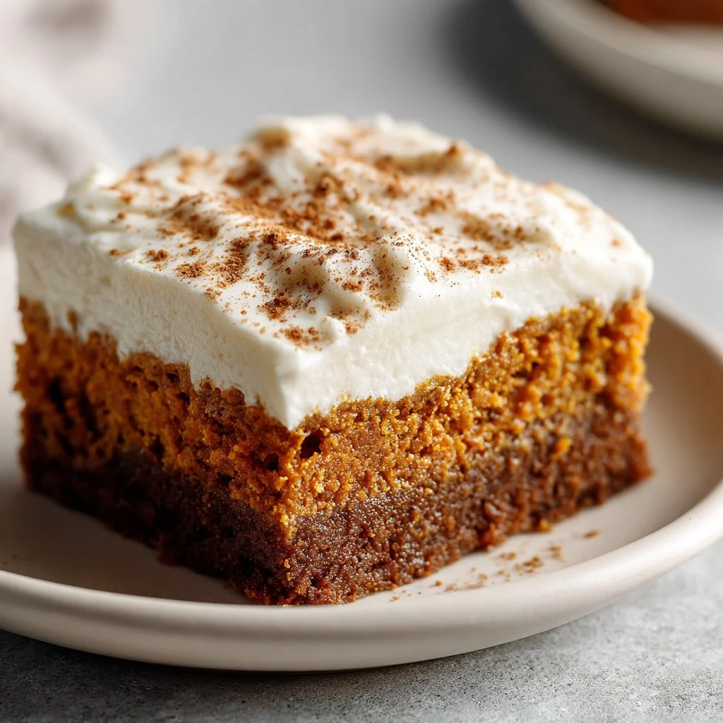 Delicious Pumpkin Spice Gooey Cake served with a drizzle of caramel