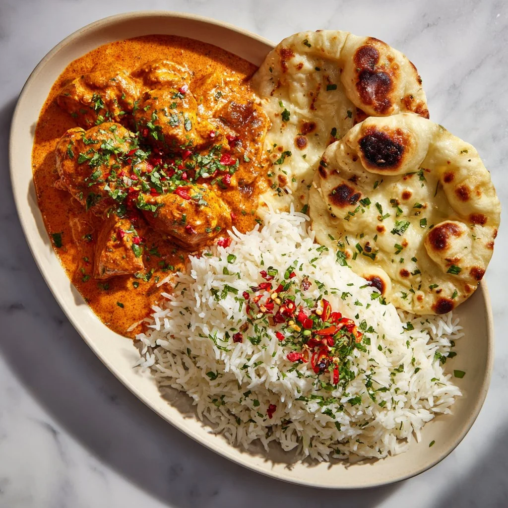 Delicious homemade butter chicken served with rice and naan bread