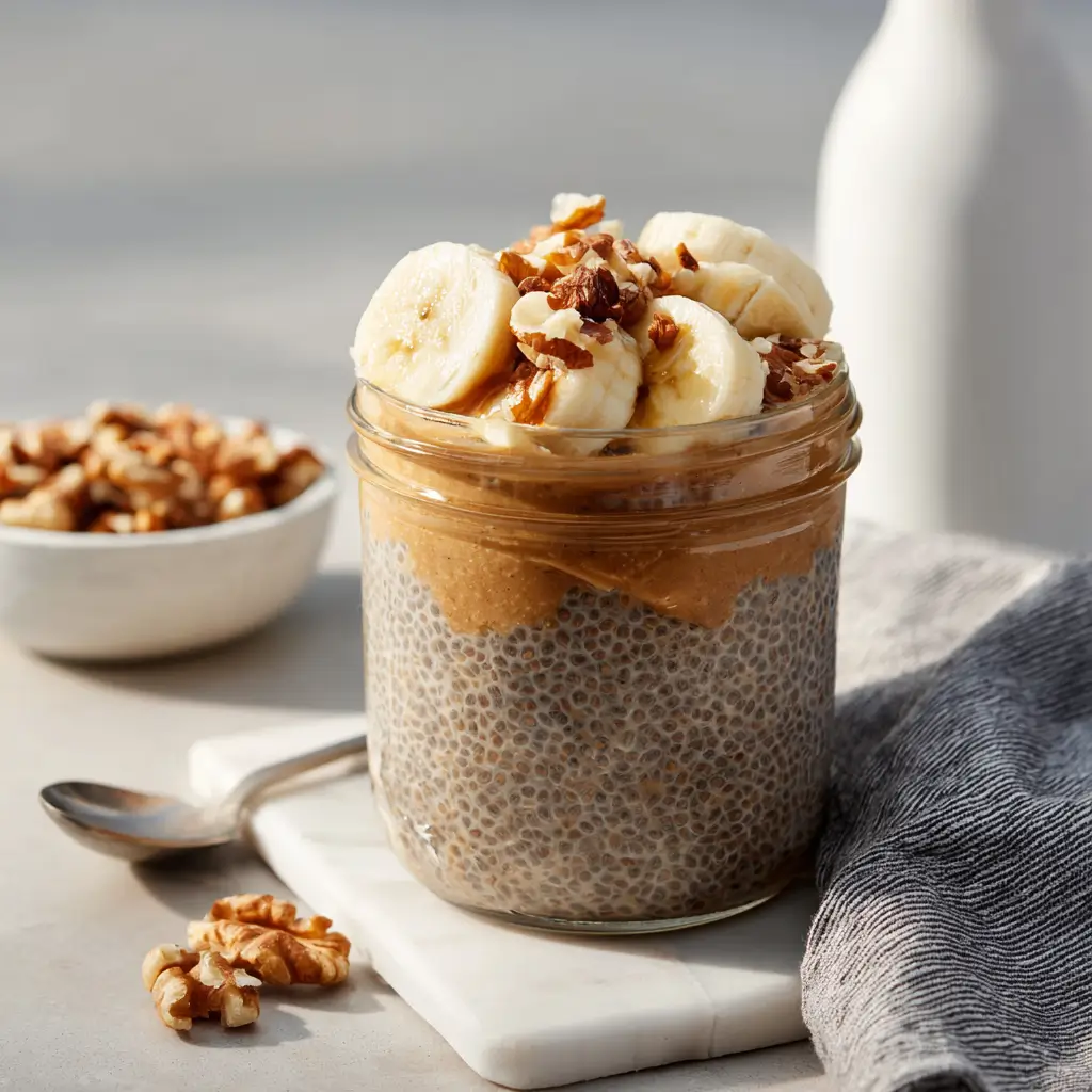Peanut Butter Banana Overnight Oats in a glass jar with banana slices and peanut butter drizzle