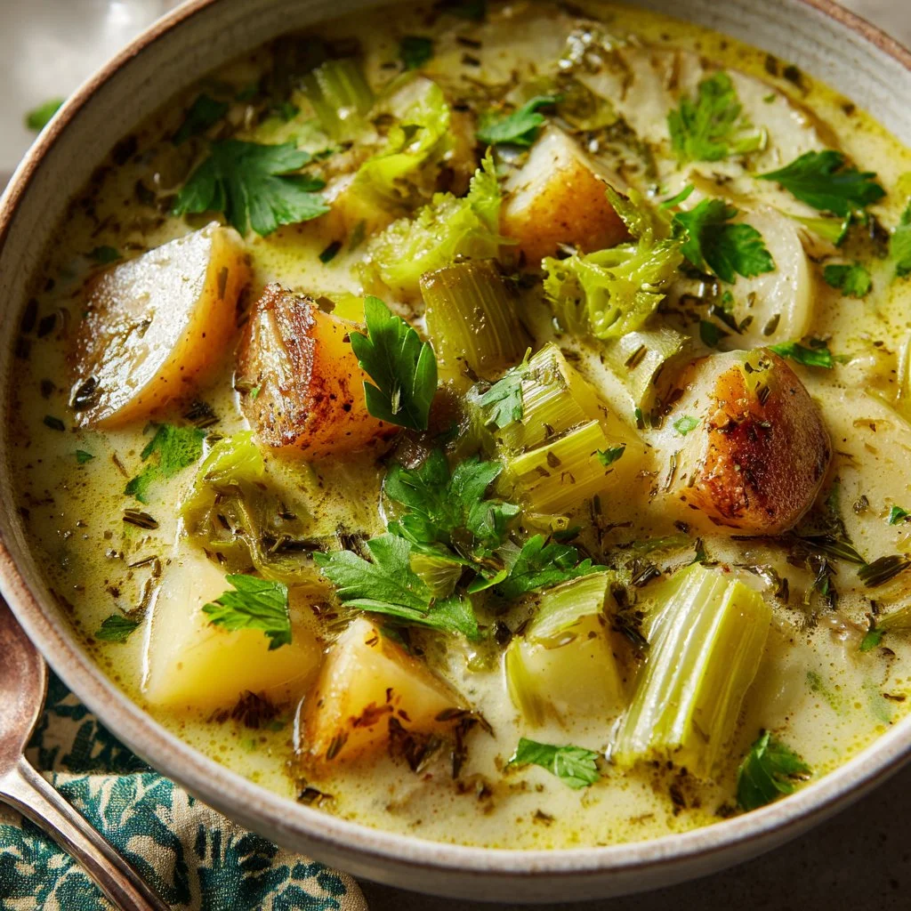Bowl of creamy roasted celery and potato soup topped with fresh herbs.