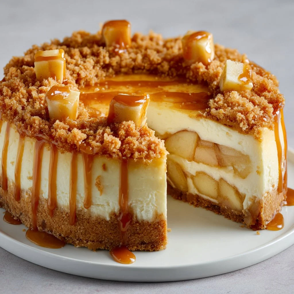 Salted caramel apple pie cheesecake topped with delicious caramel drizzle.