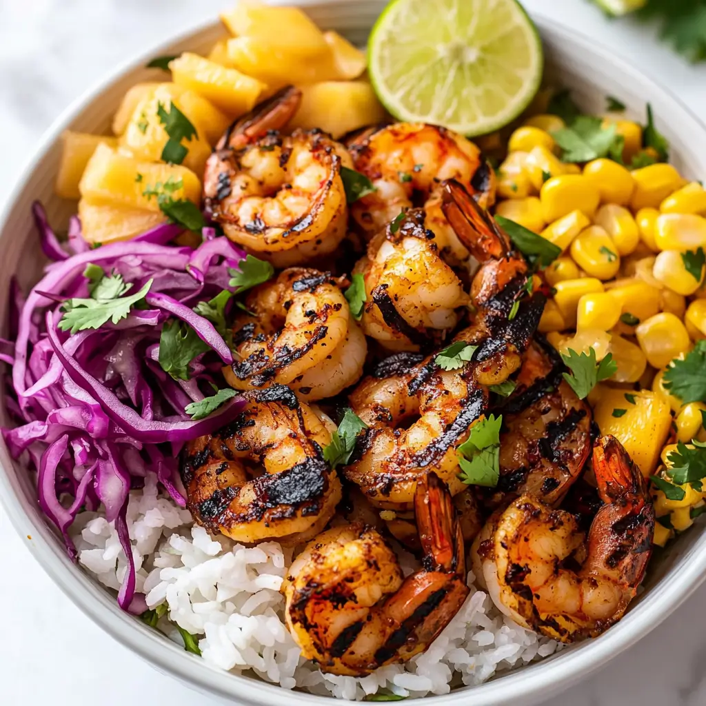 Shrimp Taco Bowls with mango corn and cilantro lime crema