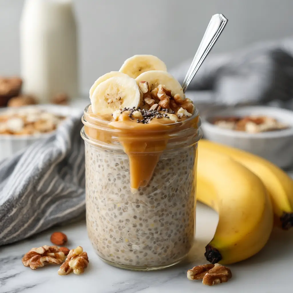 Peanut Butter Banana Overnight Oats topped with banana slices and nuts