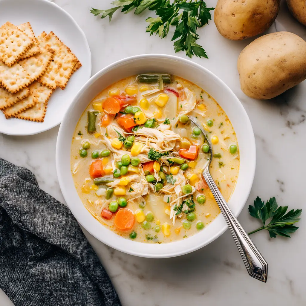 A bowl of Slow Cooker Creamy Chicken and Veggie Soup topped with fresh herbs and served with biscuits on the side.