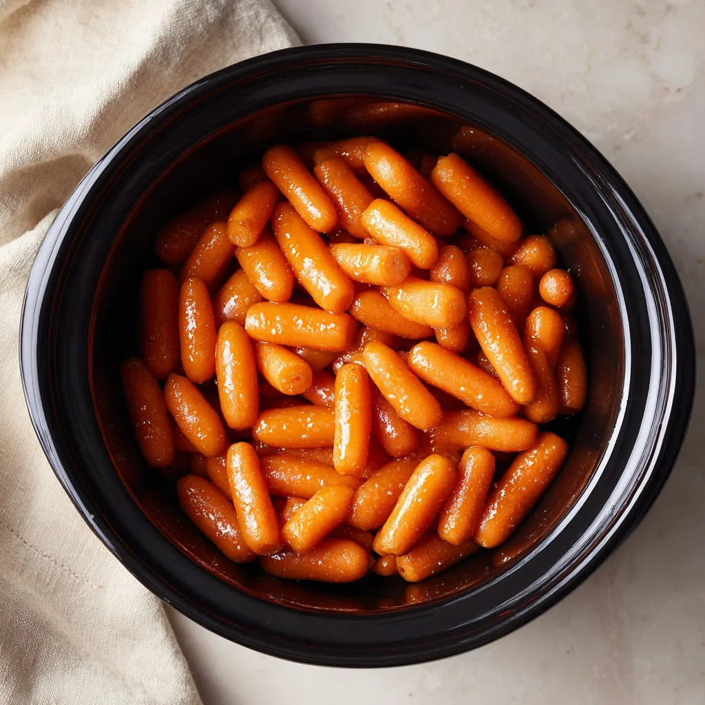 Slow cooker maple glazed carrots in a dish, showcasing their vibrant color and glaze.