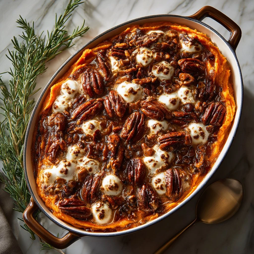 Delicious Southern Maple Sweet Potato Casserole topped with pecans