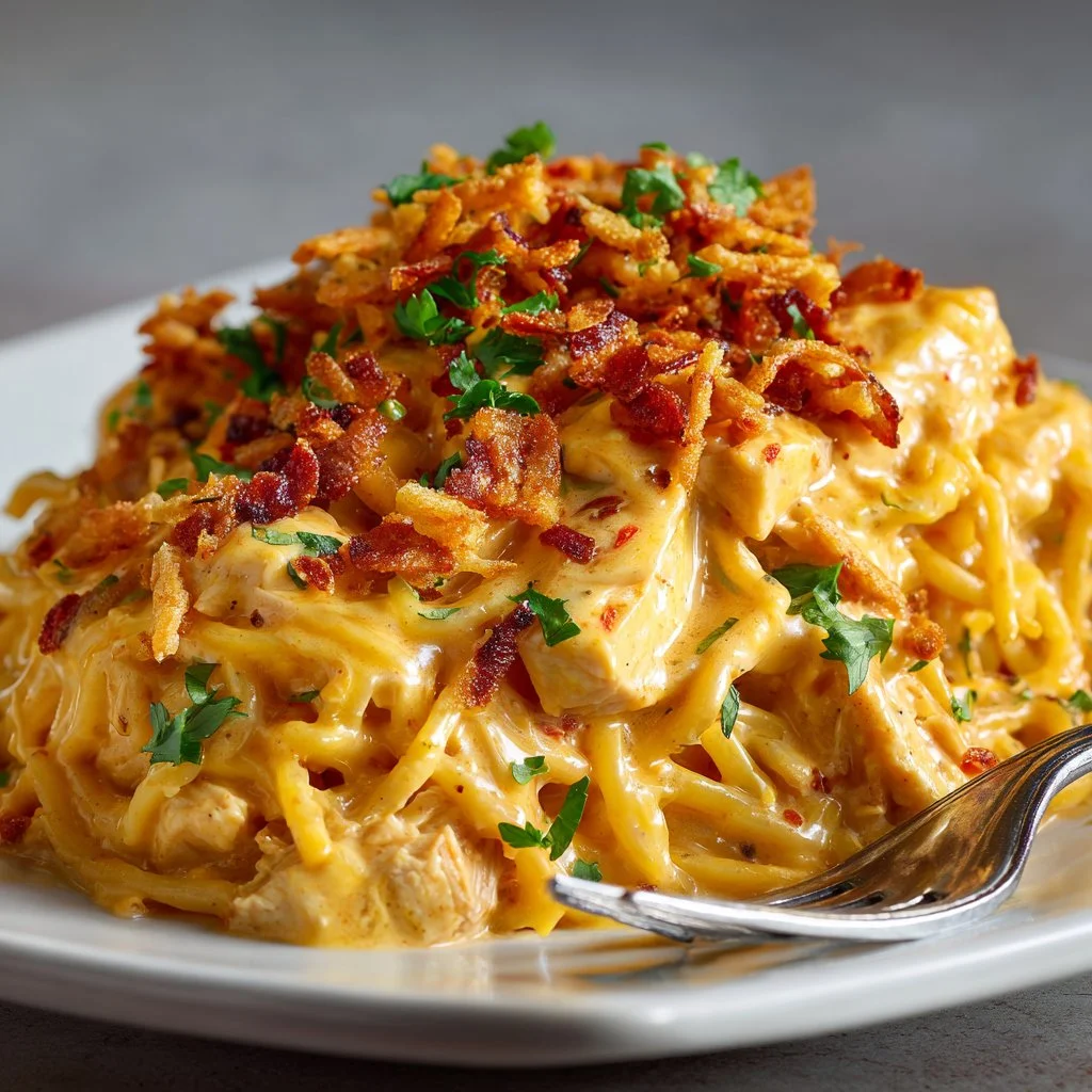 Spicy Southern Cheesy Chicken Spaghetti Casserole in a baking dish