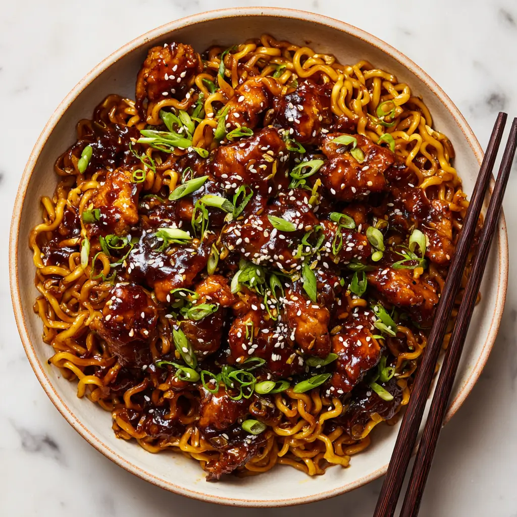 Delicious sticky garlic chicken noodles served in a bowl