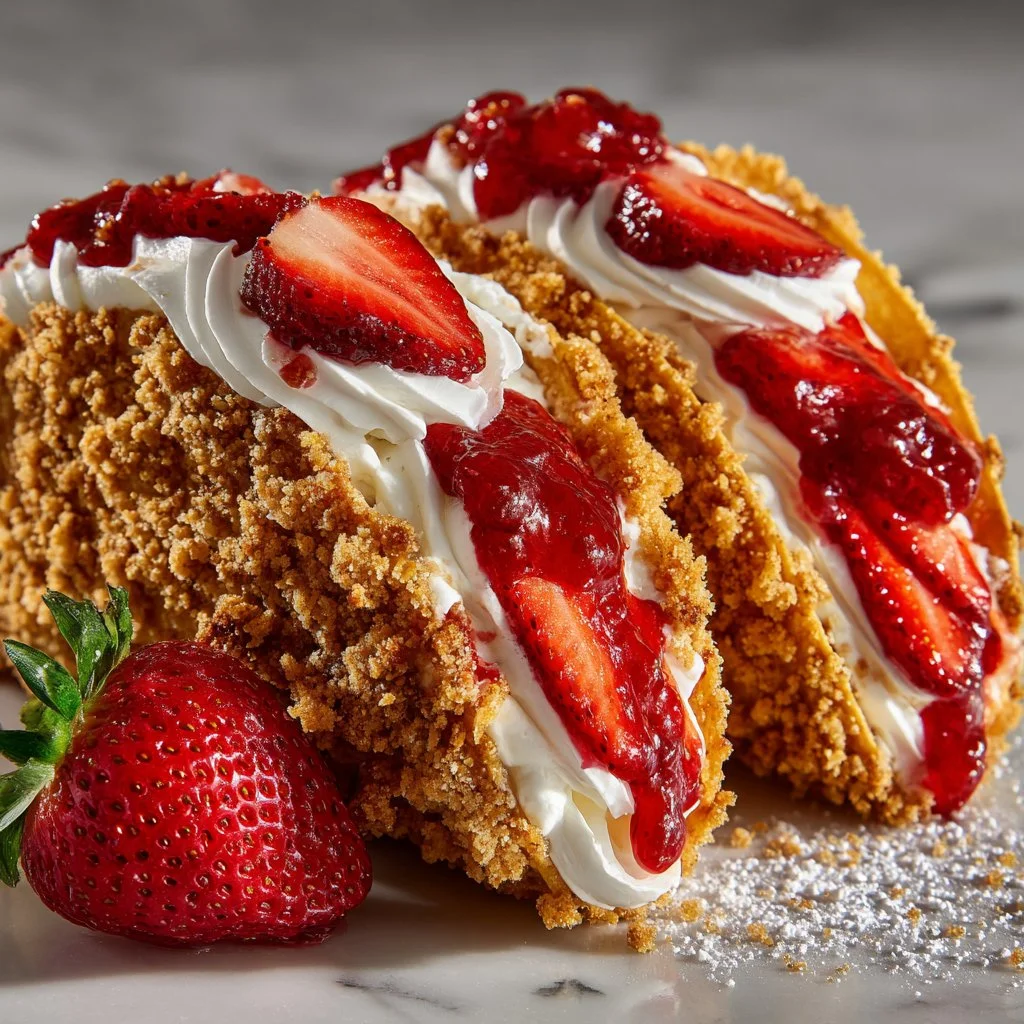 Strawberry Crunch Cheesecake Tacos showcasing creamy cheesecake and fresh strawberries
