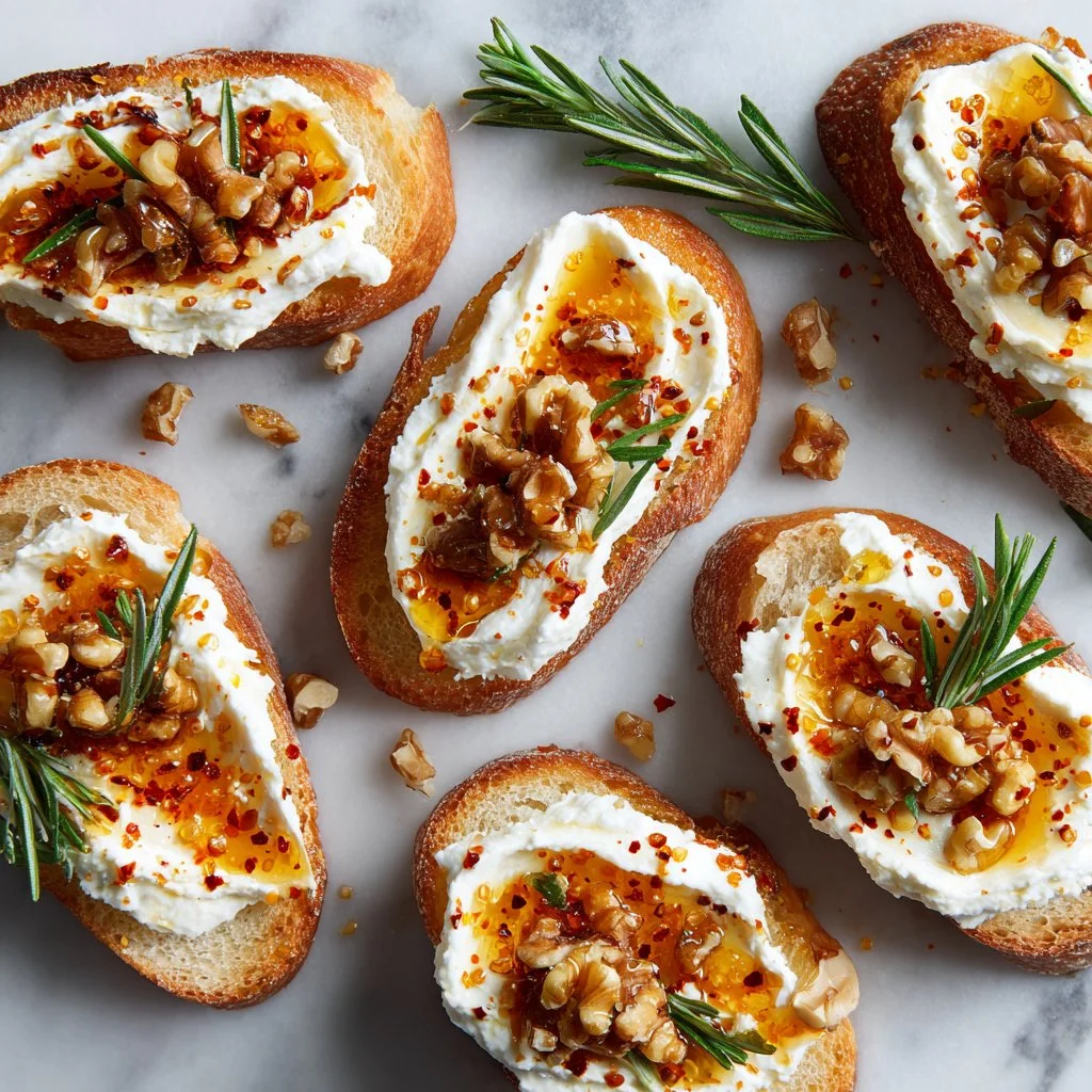 Sweet and Spicy Whipped Feta Crostini topped with herbs and spices