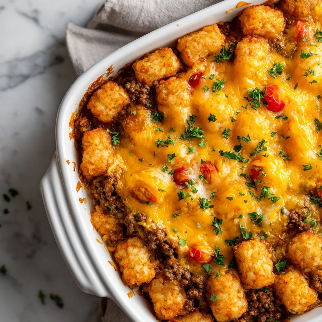 Delicious tater tot casserole topped with golden, crispy tater tots and melted cheese