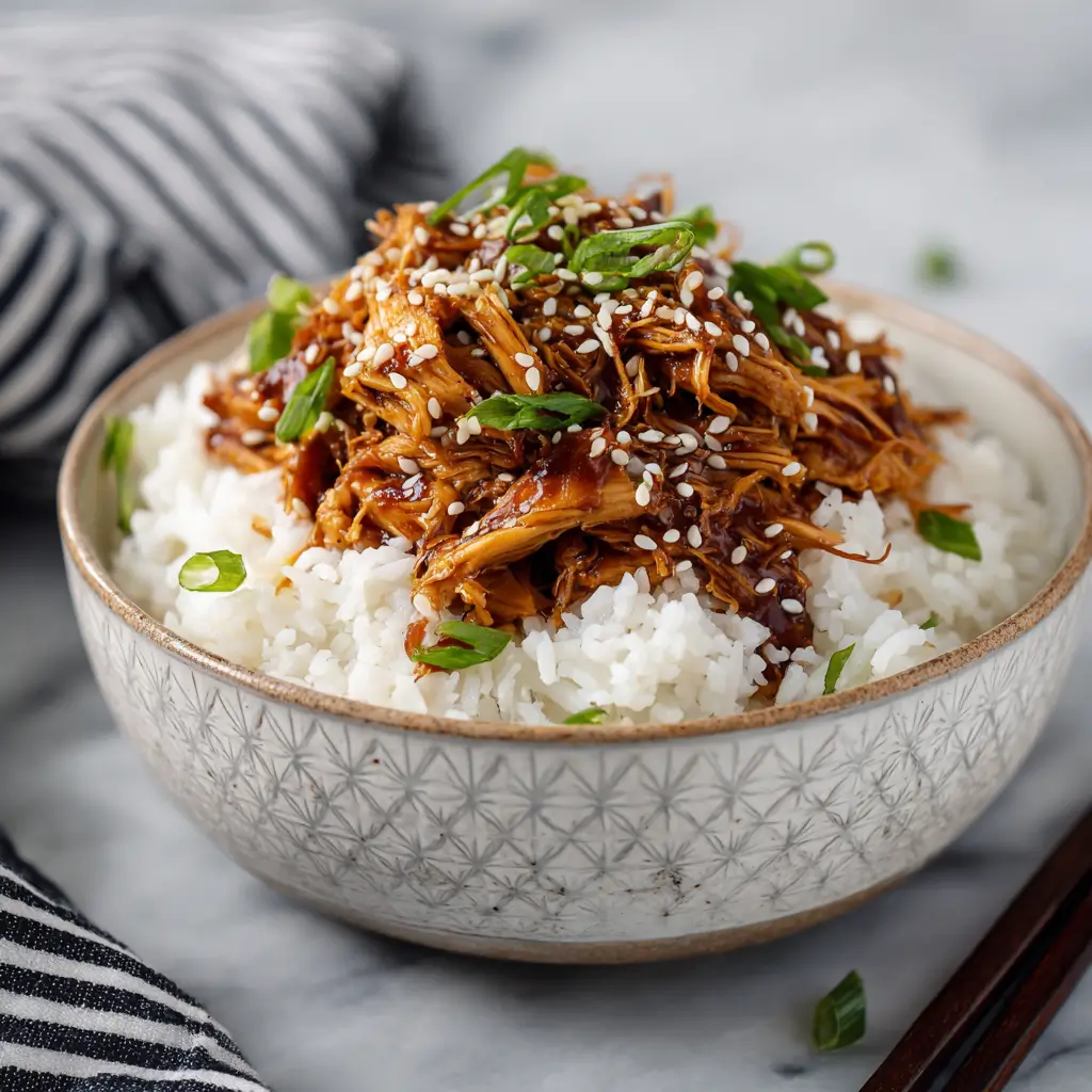 Teriyaki Chicken Crockpot Bowls with rice, sesame seeds, and green onions — an easy slow cooker dinner for families.