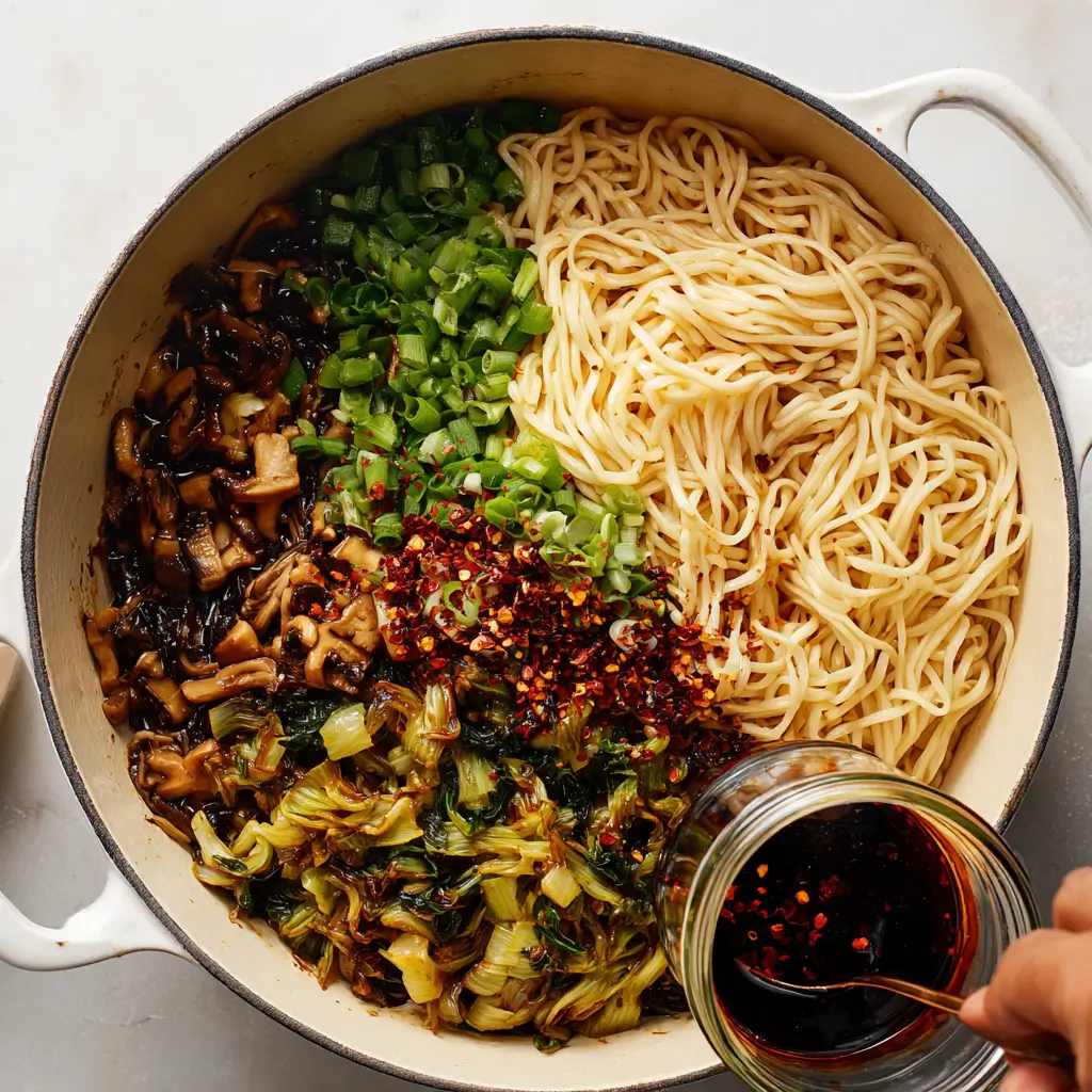 Ingredients for Teriyaki Stir Fry Noodles including noodles and vegetables