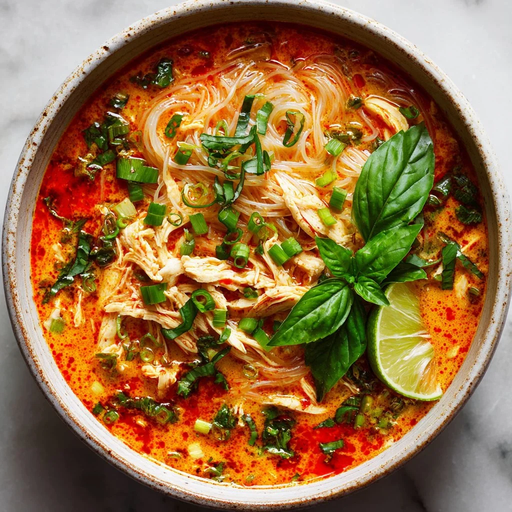 Bowl of Thai Inspired Chicken Soup garnished with fresh herbs