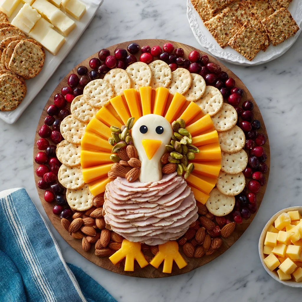 Beautiful Thanksgiving charcuterie board with seasonal fruits, cheeses, and meats