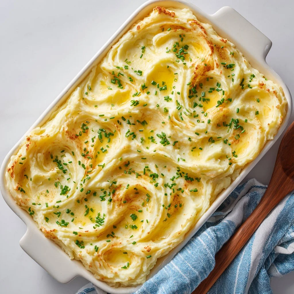 Creamy baked mashed potatoes topped with cheese and herbs
